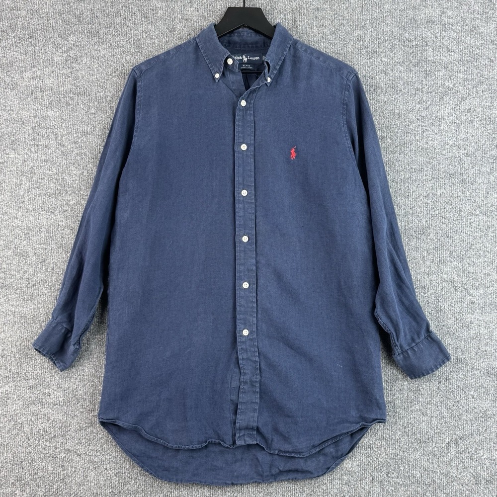 Vintage Ralph Lauren Linen Button Down Shirt Mens M Blue Blake Basic Long Sleeve